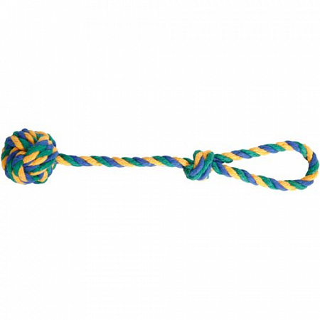 дополнительная картинка для Мяч плетеный 6см на веревке 40см JOY синий желтый зеленый текстильная игрушка для собак на сайте сети магазинов Бонифаций