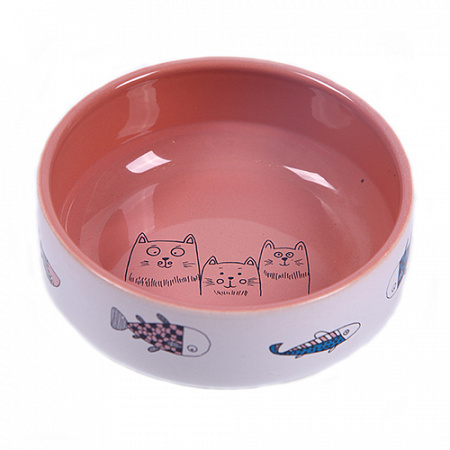 дополнительная картинка для Миска 12,5см 350мл JOY "Коты с рыбками" керамическая лосось для кошек на сайте сети магазинов Бонифаций