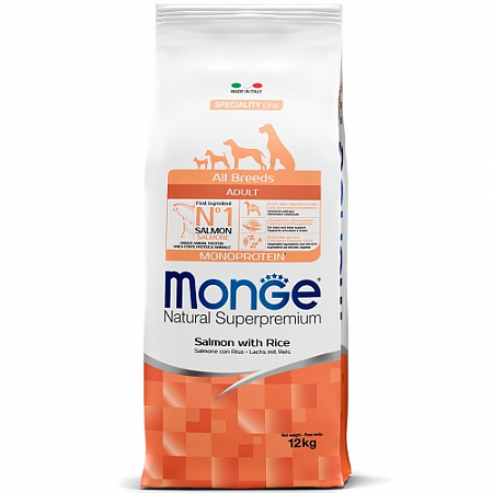 дополнительная картинка для Корм 12кг MONGE Monoprotein лосось с рисом для собак всех пород на сайте сети магазинов Бонифаций
