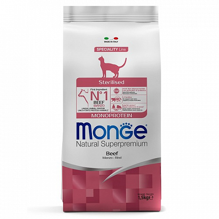 дополнительная картинка для Корм 1,5кг MONGE Monoprotein Sterilised с говядиной для стерилизованных кошек на сайте сети магазинов Бонифаций